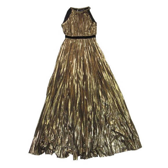 NWT BCBG MaxAzria Starling Gown in Gold Metallic Pleated Halter Maxi Dress S - Picture 4 of 10